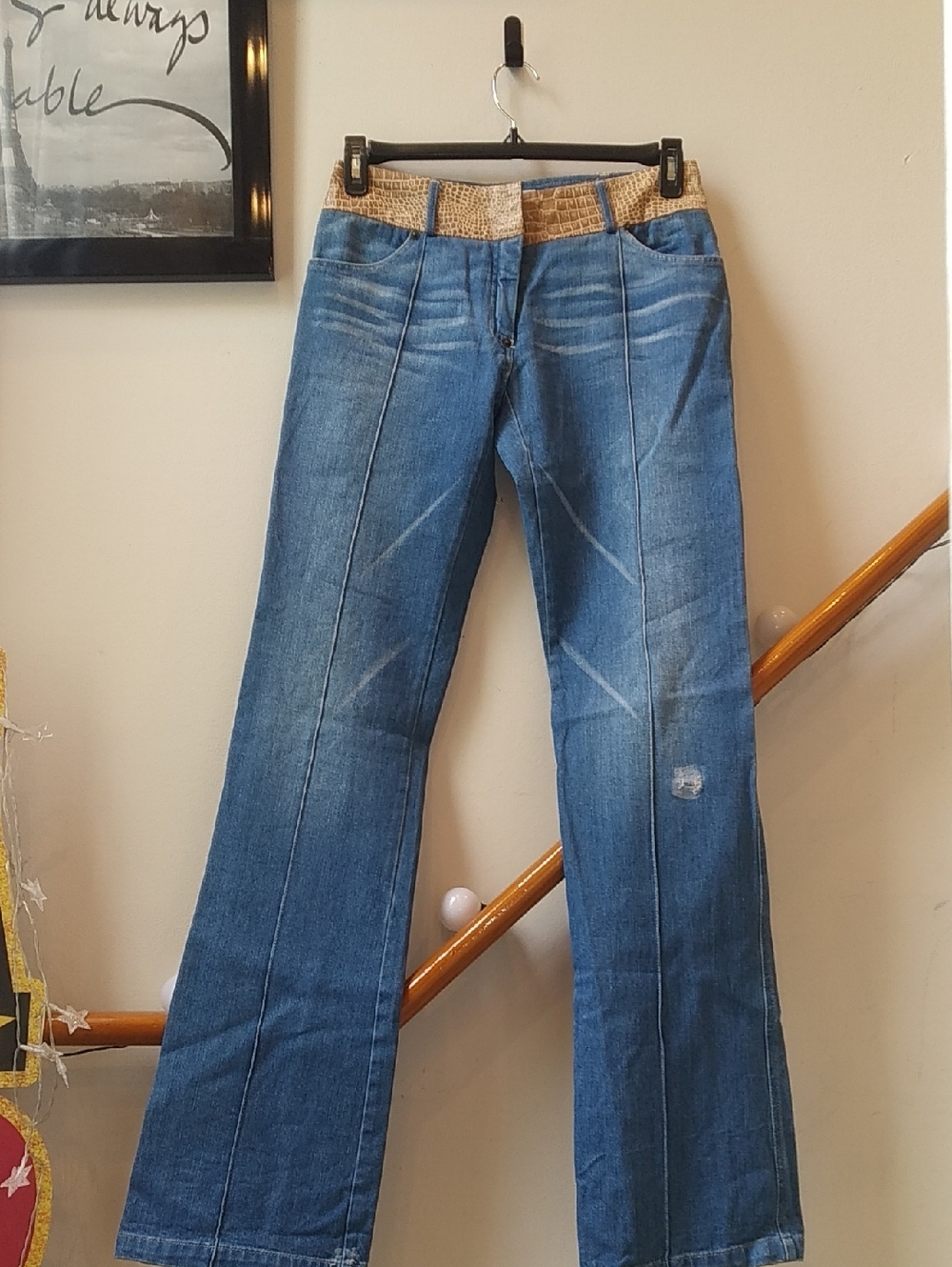 Patrizia Pepe Firenze Blue Flared Jeans with Leather Croc-Embossed Waistband